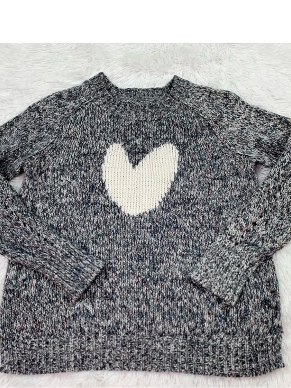 LOFT Gray Marled Crewneck Sweater with White Heart XS